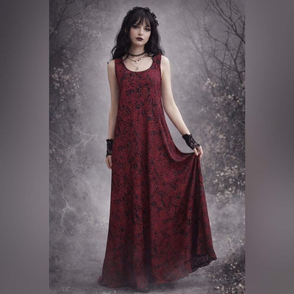Studio 1 Dress Womens 10 Tall Maxi red black Floral Lined Sleeveless whimsy goth